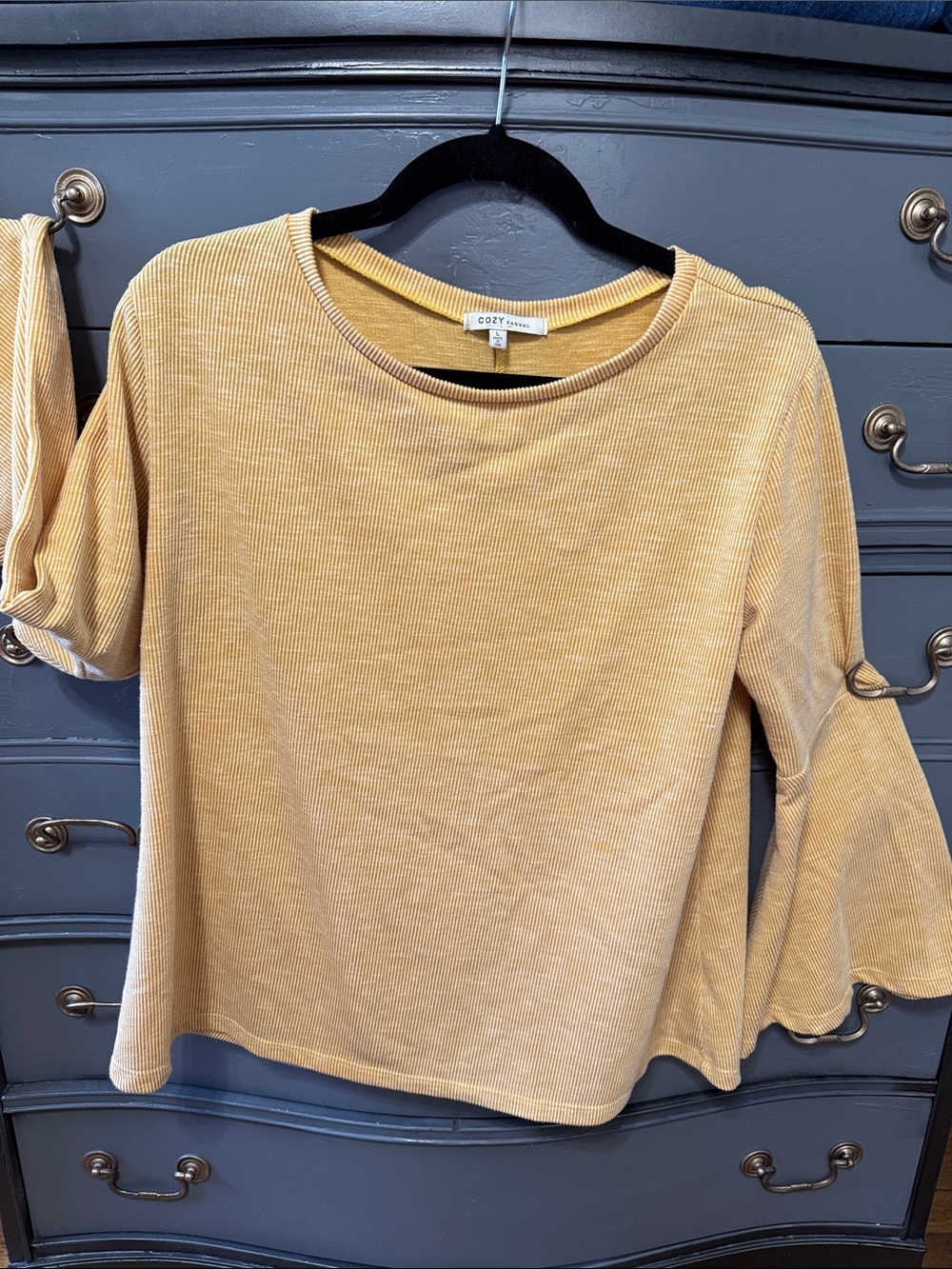 Cozy Casual Mustard Ribbed Bell Sleeve Top